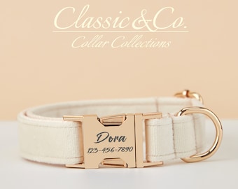 May include: A white dog collar with a gold buckle and a gold D-ring. The buckle has the name "Dora" and the phone number "123-456-7890" engraved on it.