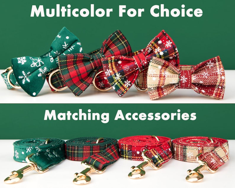 Merry Christmas Personalise Dog Collar Leash Set with Bow,RedGreenSnow Plaid, Engraved Pet Name Plate Metal Buckle,Santa Puppy Gift imagem 4