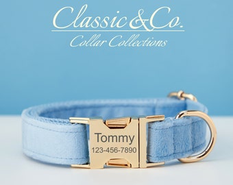 Collar de perro personalizado con hebilla de metal con nombre de mascota grabado, collar de perro de terciopelo azul cielo y juego de correa con campana y lazo, envío GRATIS