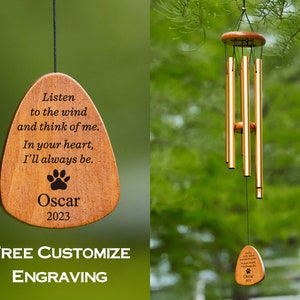 Double Side Engraved Pet Memorial Wind Chime-Personalized Pet Lose Remembering Sympathy Gift-Outdoor Sketch Dog Cat Loss Sign for Garden