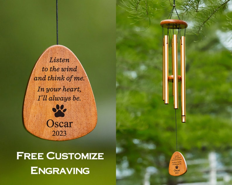 Double Side Engraved Pet Memorial Wind Chime-Personalized Pet Lose Remembering Sympathy Gift-Outdoor Sketch Dog Cat Loss Sign for Garden image 1