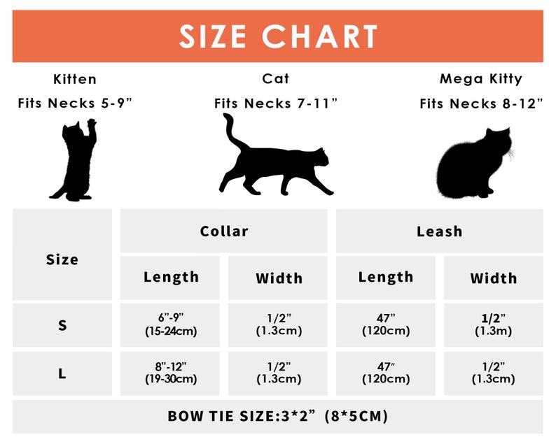K&ouml;nnte beinhalten: Gr&ouml;&szlig;entabelle f&uuml;r Katzenhalsb&auml;nder und Leinen. Die Tabelle zeigt die Gr&ouml;&szlig;e des Halsbandes und der Leine in Zoll und Zentimetern sowie die Halsgr&ouml;&szlig;e der Katze, f&uuml;r die das Halsband oder die Leine gedacht ist. Die Tabelle enth&auml;lt auch eine Schleifenbandgr&ouml;&szlig;e.