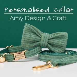 Green Corduroy Velvet Personalized Cat & Small Dog Collar Bow Tie Leash Set,Free Engraved Kitten Puppy Name Tag,Gold Bell,Pet Birthday Gift