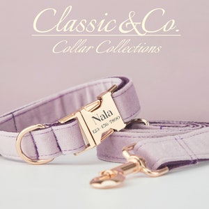 Lavender Velvet Personalized Dog Collar Bow Tie Leash Set,Custom Engraved Pet Name Metal Buckle,Lilac Birthday Puppy Gift,FREE Shipping image 1