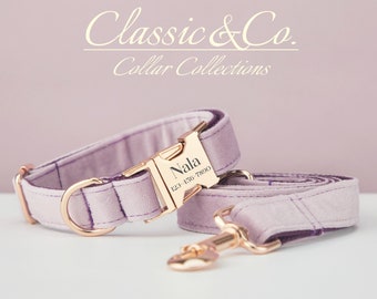 Lavender Velvet Personalized Dog Collar Bow Tie Leash Set,Custom Engraved Pet Name Metal Buckle,Lilac Birthday Puppy Gift,FREE Shipping