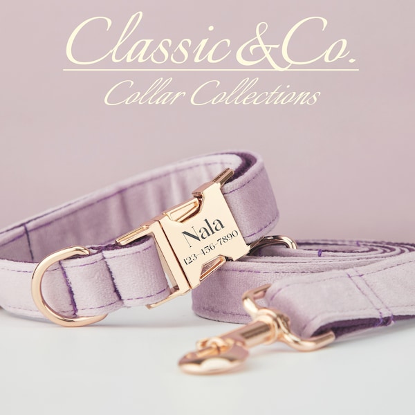 Lavender Velvet Personalized Dog Collar Bow Tie Leash Set,Custom Engraved Pet Name Metal Buckle,Lilac Birthday Puppy Gift,FREE Shipping