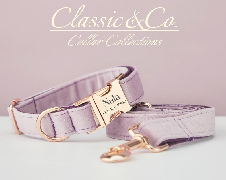 Lavender Velvet Personalized Dog Collar Bow Tie Leash Set,Custom Engraved Pet Name Metal Buckle,Lilac Birthday Puppy Gift,FREE Shipping image 1