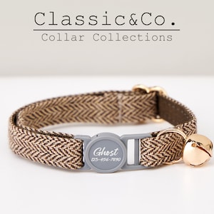 Breakaway Tweed Fabric Cat Collar Bow Tie Set Blue+Brown+Grey,Personalize Engraved Buckle Name Tag,Safty Kitten Collar Gift for Male Female