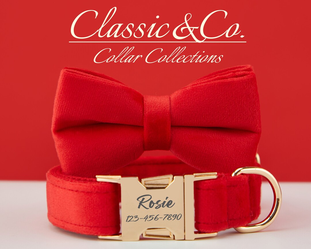 Personalized Red Velvet Dog Collar With Bow Tie and Lead Persnalised