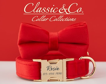 Personalized Red Velvet Dog Collar With Bow Tie and Lead Persnalised NamePlate,Girl Dog Collar