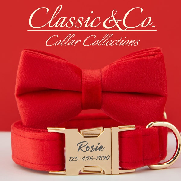 Personalized Red Velvet Dog Collar With Bow Tie and Lead Persnalised NamePlate,Girl Dog Collar