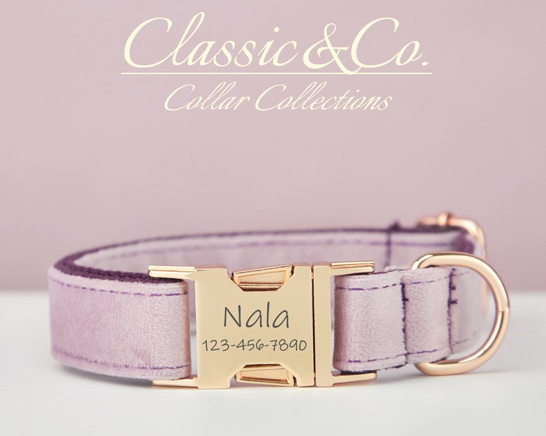 Lavender Velvet Personalized Dog Collar Bow Tie Leash Set,Custom Engraved Pet Name Metal Buckle,Lilac Birthday Puppy Gift,FREE Shipping image 2