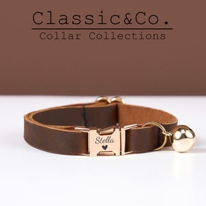 May include: A brown leather cat collar with a gold buckle engraved with the name "Stella" and a heart. The collar has a gold bell attached.