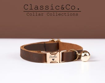 Genuine Cowhide Leather Silent Cat Collar Personalized, Solid Kitten Collar with Engraved Metal Buckle+Free ID Tag, Gift for Pet Lovers
