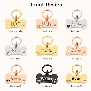 May include: Eight different designs for personalized dog tags in the shape of a bone. The tags are made of metal and come in gold, silver, rose gold, and black. Each tag features a different design, including paw prints, hearts, and a bone. The tags can be personalized with a name and a design.