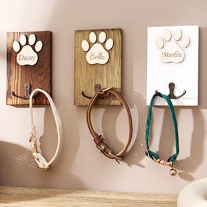 Personalized Wooden Pet Leash Hook, Paw Print Leash Holder, Custom Pet Wall Organizer, Dog Lover Gift image 1