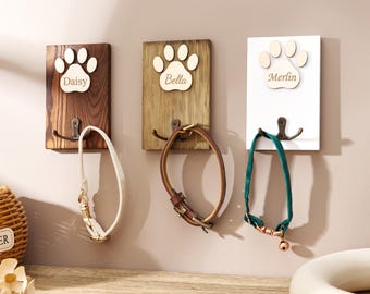 Personalized Wooden Pet Leash Hook, Paw Print Leash Holder, Custom Pet Wall Organizer, Dog Lover Gift