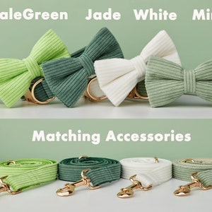 Multiple Colour Corduroy Personalise Dog Collar Leash Set with Bow,GreenWhiteForest,Engraved Pet Name Metal Buckle,Wedding Puppy Gift image 4