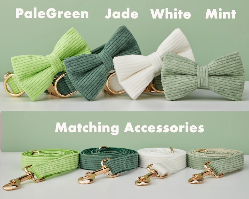 Multiple Colour Corduroy Personalise Dog Collar Leash Set with Bow,GreenWhiteForest,Engraved Pet Name Metal Buckle,Wedding Puppy Gift zdjęcie 4