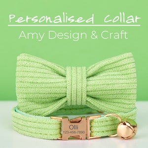 PaleGreen Corduroy Handmade Cat Collar and Leash Persnalised NamePlate,,Perfect Cat Collars Leash Gold Bell,Pet Gift