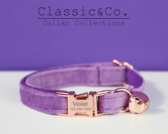 Paarse fluwelen gepersonaliseerde kat & kleine hondenhalsband Violet Bow Tie Leash Set, aangepaste gegraveerde kitten puppy naamplaatje, gratis gouden bel, meisje huisdier cadeau