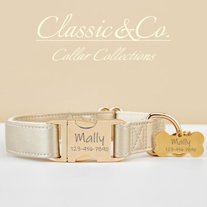 Champagne Waterproof PU Leather Dog Collar & Lead,Solid Gold Dog Collar Leash Set,Engraved Metal Buckle + Free Name Tag,Wedding Puppy Gift
