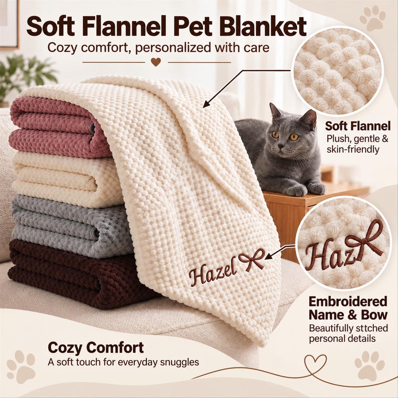 May include: A stack of four soft flannel pet blankets in cream, dusty rose, gray, and dark brown. The cream blanket features the embroidered name Hazel with a brown bow icon. The fabric has a textured, raised dot pattern throughout the surface.
