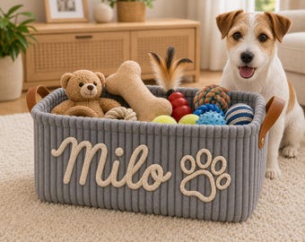 Gepersonaliseerde hondenspeelgoedmand, opbergmand voor puppy's met naam, corduroy dierenorganizer, cadeau voor nieuwe hondeneigenaar, hondenaccessoires