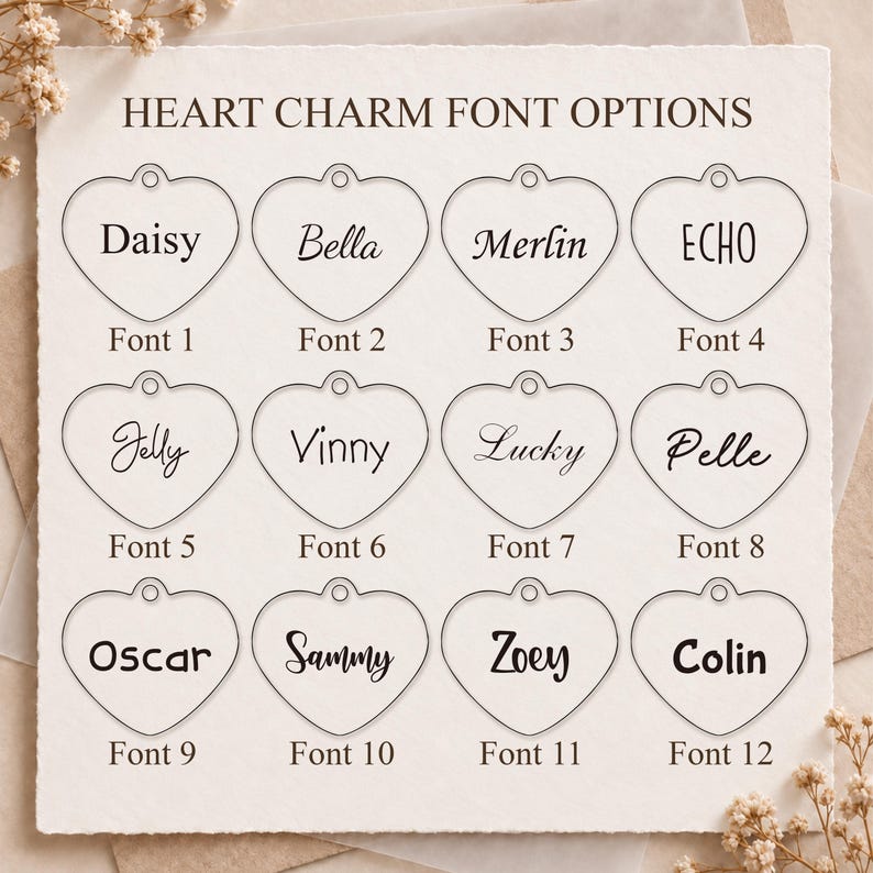 May include: A white card titled HEART CHARM FONT OPTIONS displaying twelve heart-shaped charms, each featuring a different name and font style labeled Font 1 through Font 12. The names include Daisy, Bella, Merlin, ECHO, Jelly, Vinny, Lucky, Pelle, Oscar, Sammy, Zoey, and Colin.
