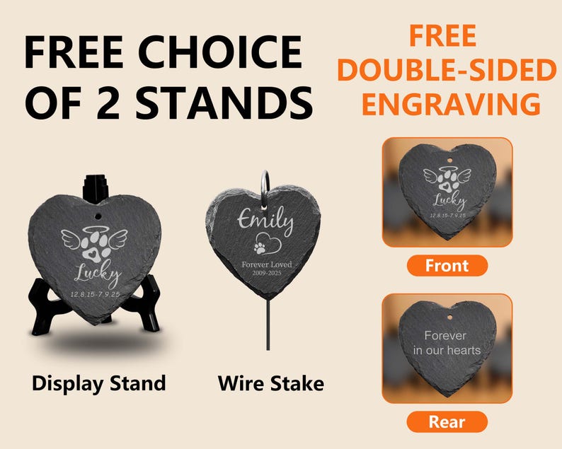May include: Heart-shaped slate pet memorial with options for a display stand or wire stake. The memorial features double-sided engraving with a paw print design, the name "Lucky", and dates. The text "Free Choice of 2 Stands" is also visible.