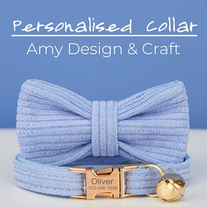 RoyalBlue Corduroy Velvet Cat Collar Bow Tie Leash Set,Small Dog Collar Leash With Custom Engraved Kitten Puppy Name Metal Buckle