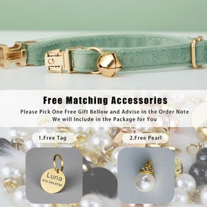 K&ouml;nnte beinhalten: Ein gr&uuml;nes Samtkatzenhalsband mit einer goldenen Schnalle und einer goldenen Glocke. Das Halsband wird mit zwei kostenlosen Geschenkoptionen angezeigt: einem goldenen Anh&auml;nger mit dem Text "Luna 012-345-6789" und einem wei&szlig;en Perlenanh&auml;nger mit einer goldenen Spitze.