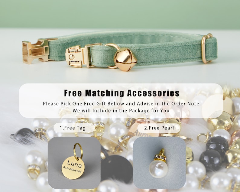 K&ouml;nnte beinhalten: Ein gr&uuml;nes Samtkatzenhalsband mit einer goldenen Schnalle und einer goldenen Glocke. Das Halsband wird mit zwei kostenlosen Geschenkoptionen angezeigt: einem goldenen Anh&auml;nger mit dem Text "Luna 012-345-6789" und einem wei&szlig;en Perlenanh&auml;nger mit einer goldenen Spitze.