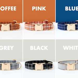May include: Six dog collars in various colors: coffee, pink, blue, grey, black, and white. Each collar features a plaid pattern, a gold-colored metal buckle, and a matching D-ring. The word for each color is displayed above each collar.