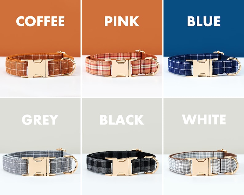 May include: Six dog collars in various colors: coffee, pink, blue, grey, black, and white. Each collar features a plaid pattern, a gold-colored metal buckle, and a matching D-ring. The word for each color is displayed above each collar.