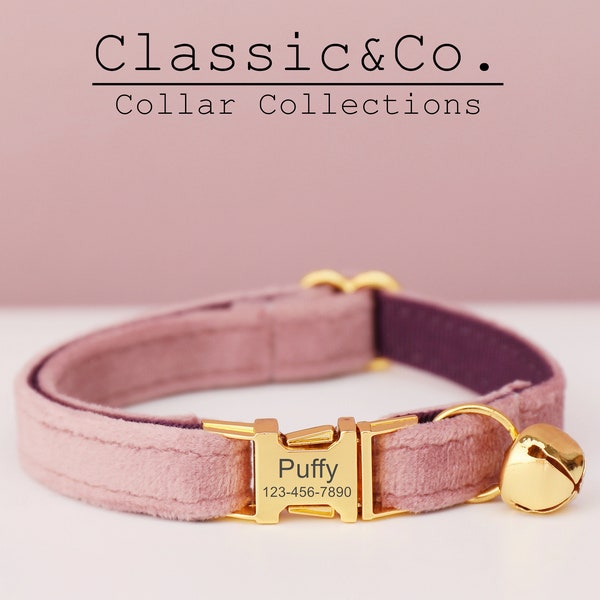 Velours rose poussiéreux personnalisé collier de chat noeud papillon laisse ensemble, étiquette de nom de chiot chaton gravée personnalisée, cloche d'or gratuite, petit chien fille cadeau pour animal de compagnie