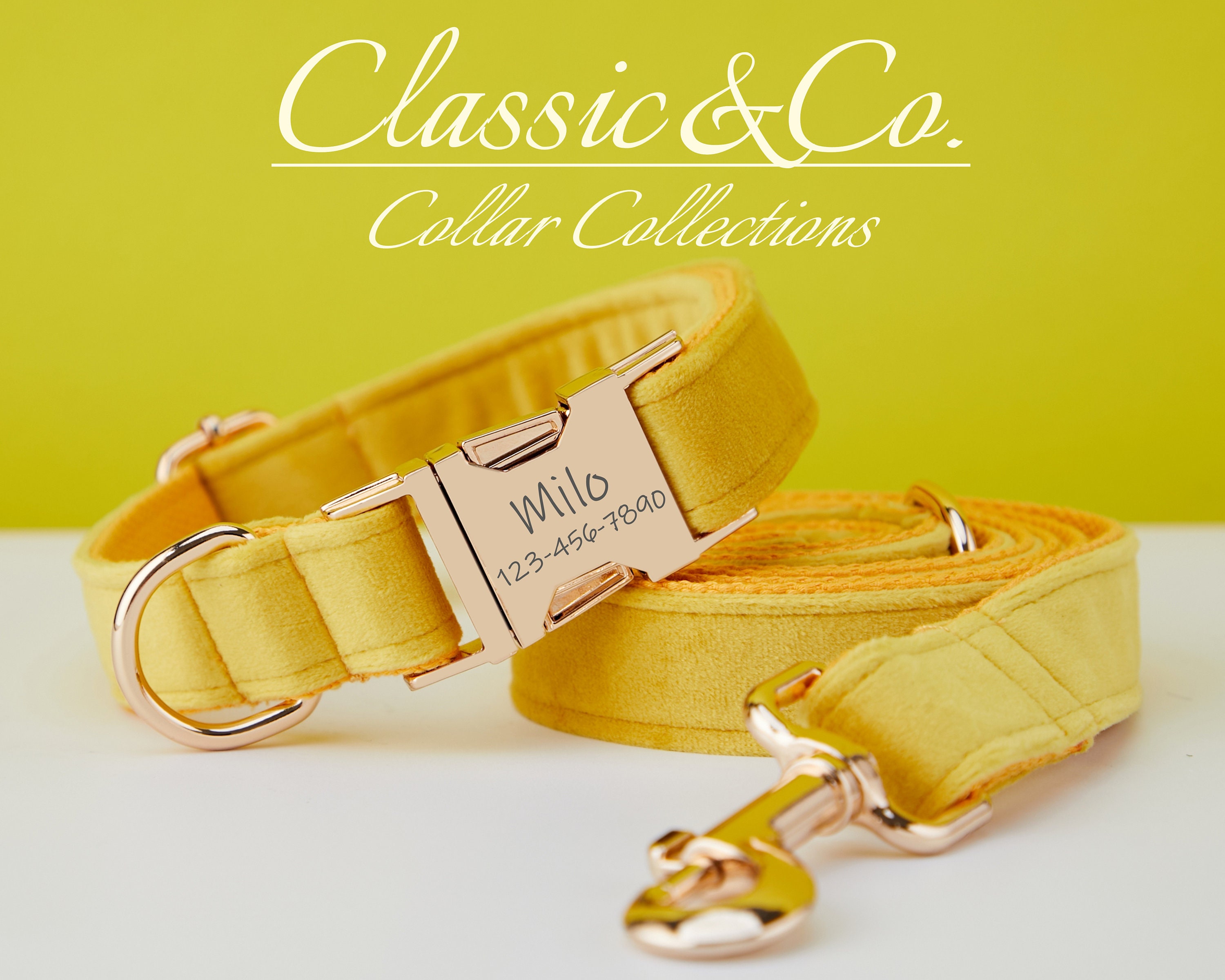 Yellow Velvet Personalized Dog Collar Bow Tie Leash Set,Custom Engraved Pet Name Metal Buckle,Orange Wedding Puppy Neckwear,FREE Shipping