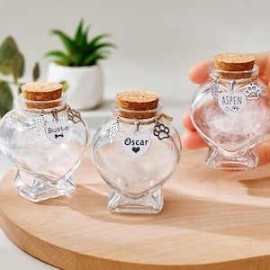 May include: Three clear, heart-shaped glass jars with cork stoppers. Each jar has a silver charm with a name and pet-themed design. The jars are filled with white fluff and sit on a wooden surface. A small plant in a white pot is in the background.