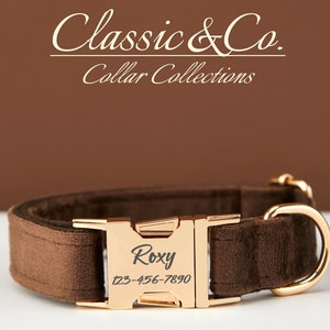 Personalized Dog Collar With Engraved Pet Name Metal Buckle,Chocolate Velvet Dog Collar and Leash Set with Bell And Bow,FREE Shipping