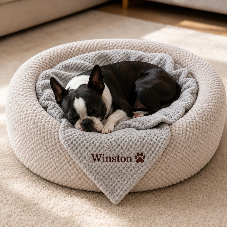 May include: A round, beige, textured pet bed with a soft, light gray blanket draped inside. A black and white dog is curled up sleeping on the blanket. The blanket features the embroidered name Winston in brown text next to a brown paw print icon.