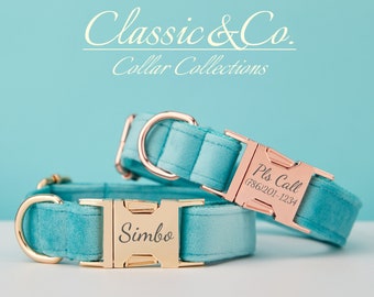 Turquoise Velvet Personalize Dog Collar Leash Set with Flower & Bow Tie for Male Female Pet,Gold Engraved Name Tag,Wedding Puppy Gift