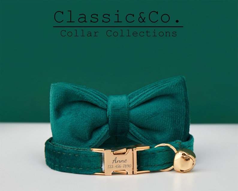 Emerald Velvet Personalized Cat & Small Dog Collar Bow Tie Leash Set,Free Engraved Kitten Puppy Name Tag,Gold Bell,Pet Birthday Gift zdjęcie 4