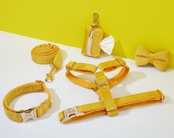 Yellow Velvet Dog Harness and Leash Set, Personalize Step In Puppy Harness+Collar+Bowtie+Poo Bag Holder, No Pull Wedding Harness Bundle