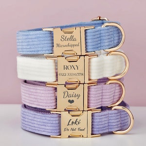 Multiple Colour Corduroy Personalise Dog Collar Leash Set with Bow,Blue+White+Lilac,Engraved Pet Name Plate Metal Buckle,Wedding Puppy Gift