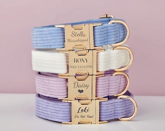 Multiple Colour Corduroy Personalise Dog Collar Leash Set with Bow,Blue+White+Lilac,Engraved Pet Name Plate Metal Buckle,Wedding Puppy Gift