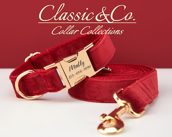 Burgundy Velvet Personalized Dog Collar Bow Tie Leash Set,Custom Engraved Pet Name Metal Buckle,Luxury Birthday Puppy Gift,FREE Shipping