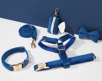 Harnais et laisse pour chien en velours RoyalBlue, personnalisez le harnais de chiot Step In + collier + nœud papillon + porte-sac caca, faisceau de harnais de mariage sans traction