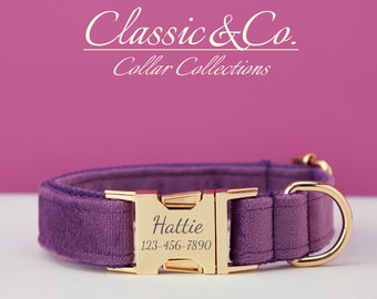 Collar de perro personalizado con hebilla de Metal grabada con nombre de mascota, juego de collar y correa de terciopelo morado para perro con campana y lazo, envío gratis