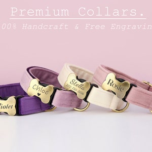 Multi-Colour Velvet Personalize Dog Collar Leash Bow Set,PurpleVioletLilac,Engraved Pet Name Bone Shape Silent Buckle,Wedding Puppy Gift image 3