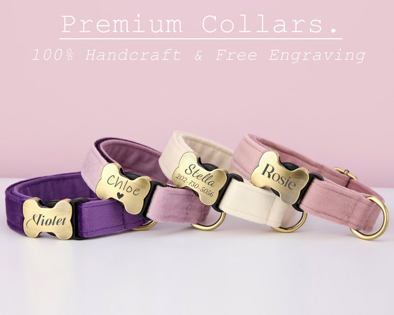 Multi-Colour Velvet Personalize Dog Collar Leash Bow Set,PurpleVioletLilac,Engraved Pet Name Bone Shape Silent Buckle,Wedding Puppy Gift image 3